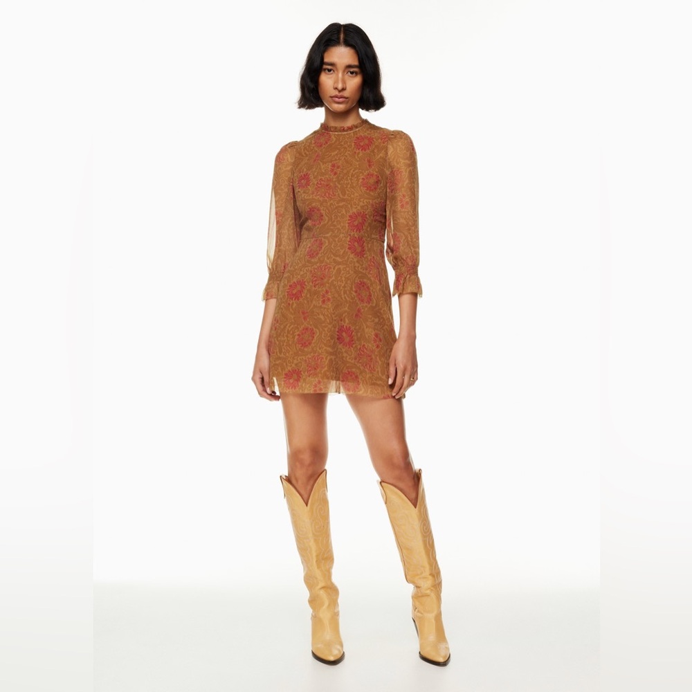 Wilfred (Aritzia) ‘Swept’ Puff-Sleeve Mini Dress in Maplewood/Rich Chestnut